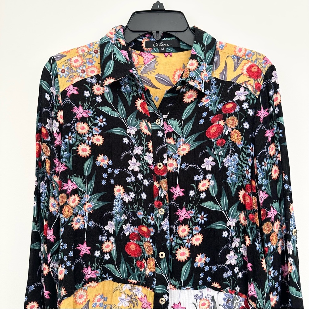 Caleaas Floral Patchwork Button Down Rayon Blouse… - image 3